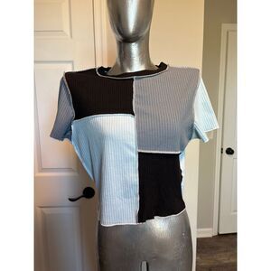 Romwe Like New Black & Blue Patchwork Short Sleeve Shirt Size Medium